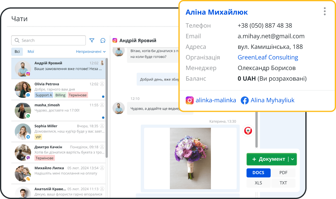 Все чаты, звонки и клиентская база в CRM для цветочного магазина