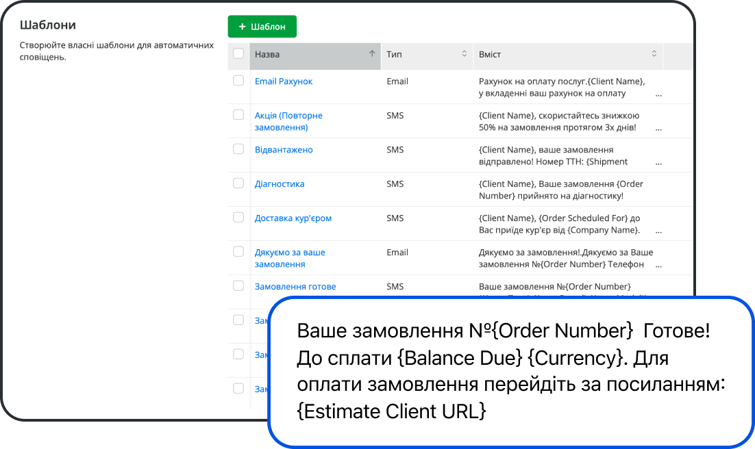 Шаблоны SMS с автоматической подстановкой данных клиентов